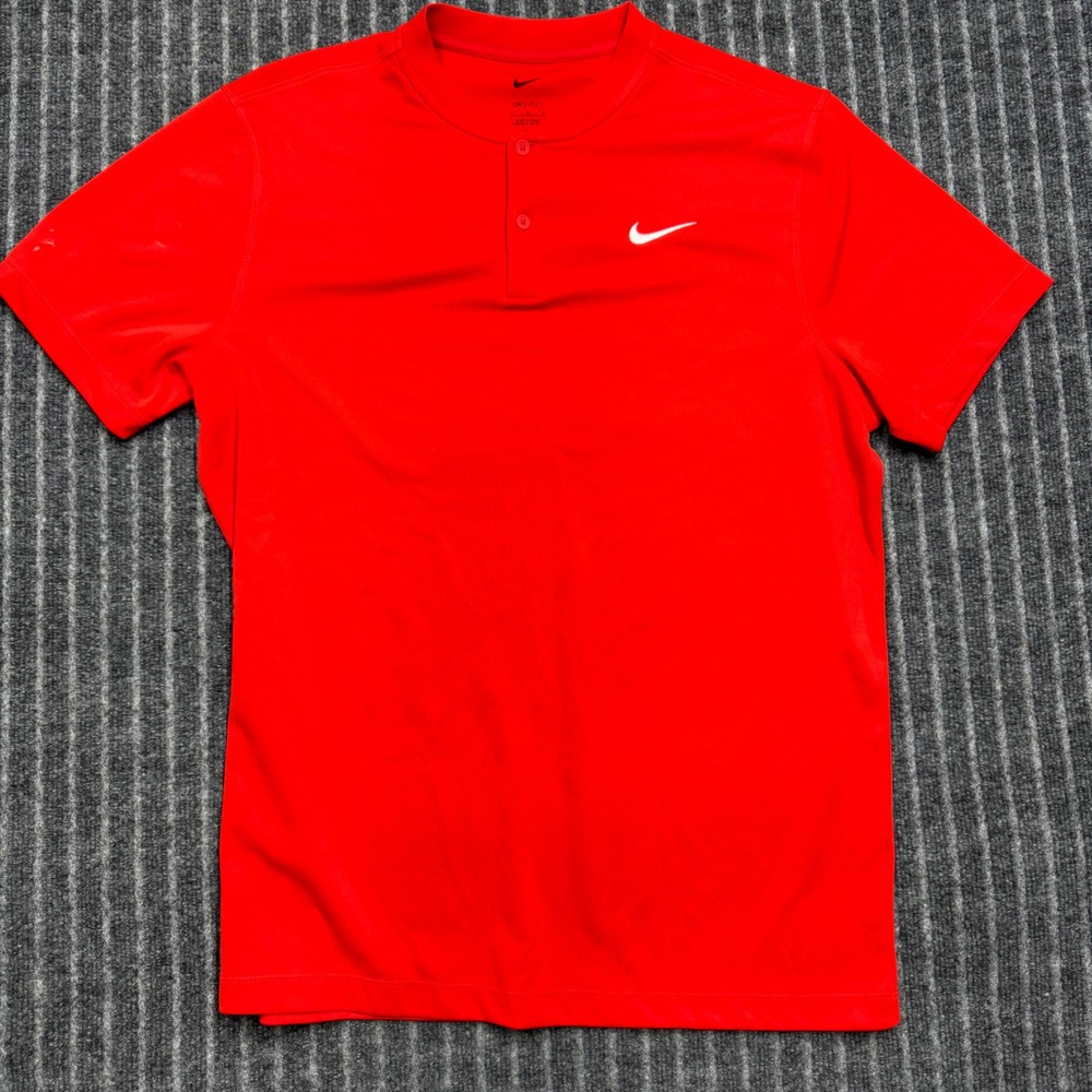 Nike Mens Large Red Dri-FIT Henley Short Sleeve Swoosh Logo Shirt (2477)